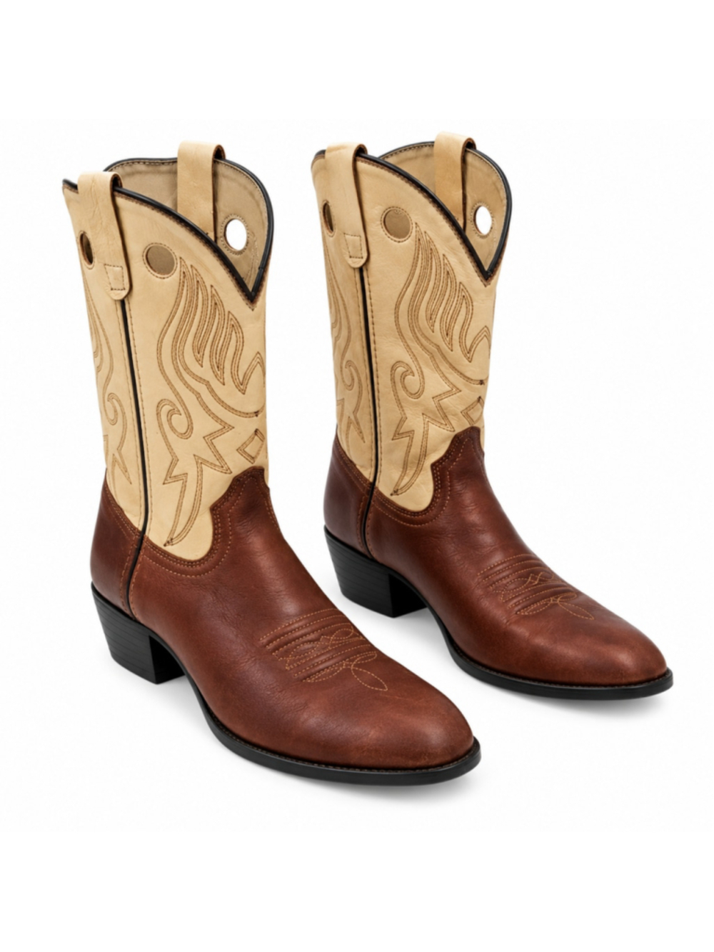 Pocono Western Youth Cowboy Boots Size 5 Brown Tan Leather Embroidered Y-1823